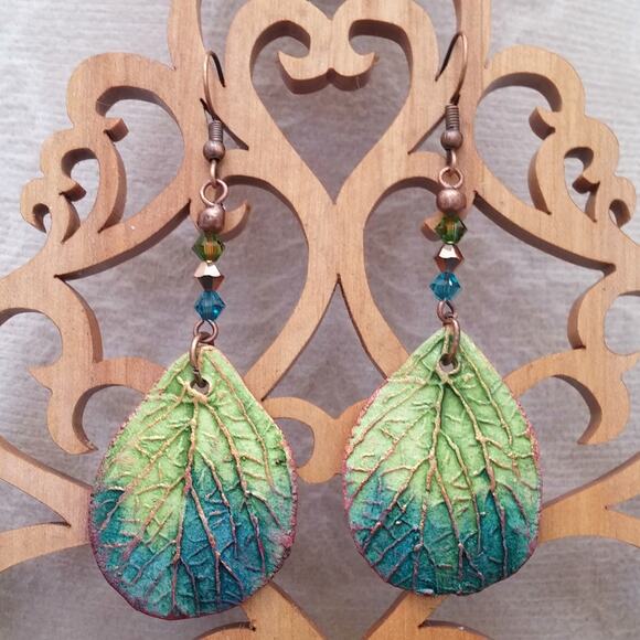 Artisan Copper Green Leaf Earrings Statement Dangles Colorful Swarovski Crystals - Picture 10 of 11